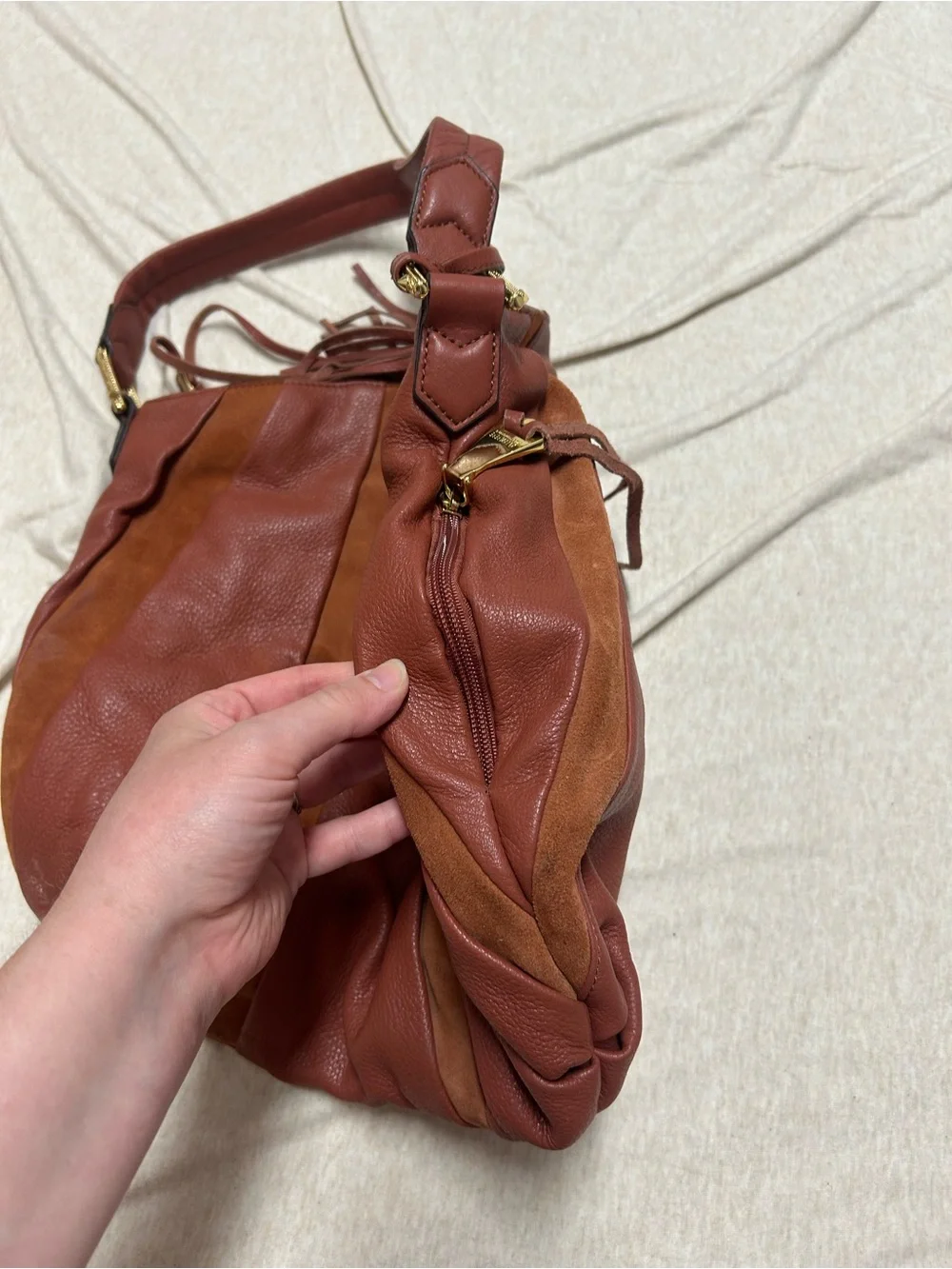 Aimee Kestenberg Tuscany Hobo Purse Bag Slouchy Paneled Suede Pebble Leather